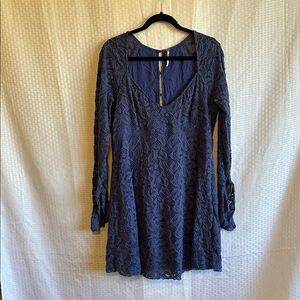 #870 Free People Navy Blue Lace Long-Sleeve Mini Dress